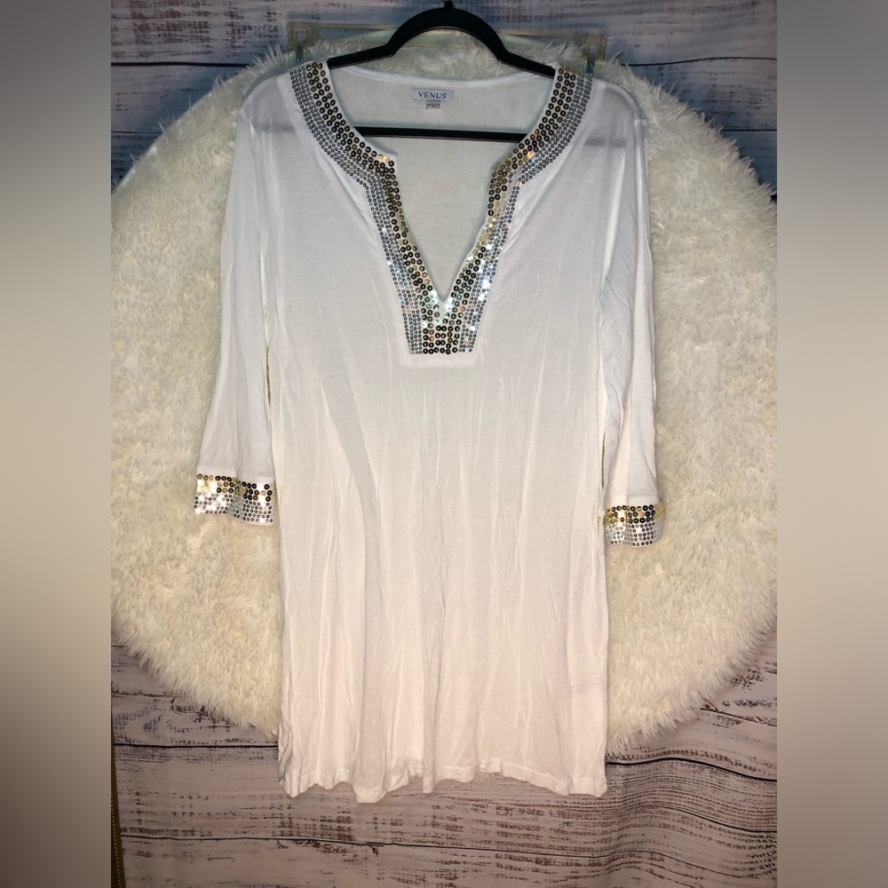VENUS White Silver Embellished Tunic 3/4 Sleeve Medium NWOT - Picture 2 of 14